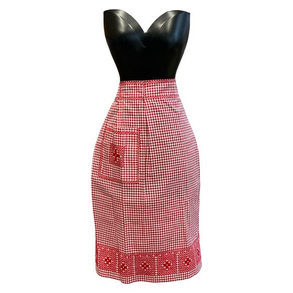 Gingham Print Vintage Apron Handmade Cross Stitched Embroidered Red Check - Picture 1 of 9